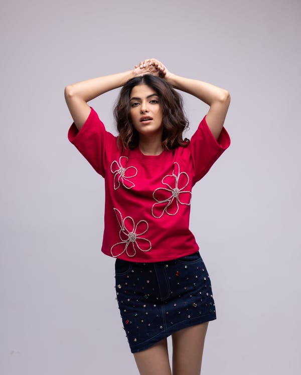 Raspberry Pink Backless Rhinestone Floral T-Shirt — MAGIA