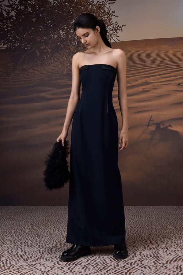 Navy Strapless Satin-Trim Maxi Gown — Genes Lecoanet Hemant