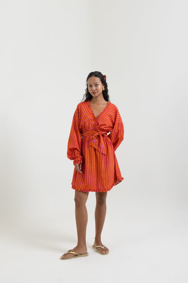 Orange Pink Striped Mini Dress with Detachable Belt — Label Sugar