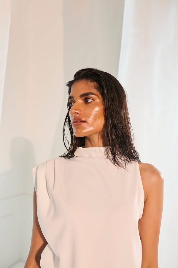 White High Neck Asymmetrical Shoulder Crepe Top — Unrush