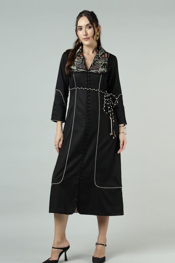 Black Embroidered Collar Belted Trench Jacket — Our Love