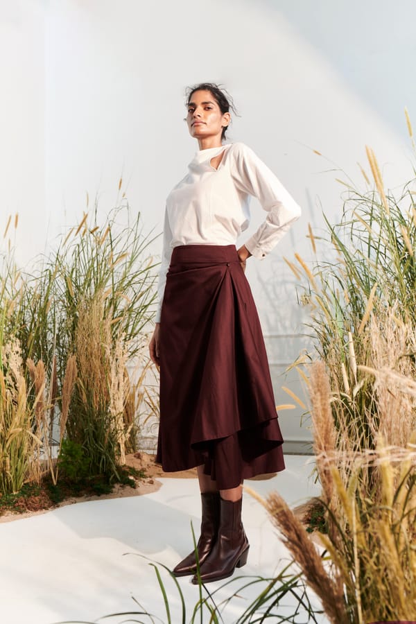 Maroon Cotton Twill Wrap-Detail Midi Skirt — Unrush
