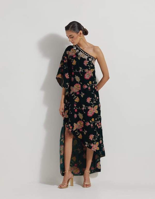 Bottle Green One-Shoulder Velvet Maxi Dress with Mirror Work — Kavita Bhartia