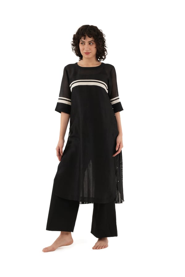 Black Straight Kurta Set with Stripe Detail and Pleated Back — Khat