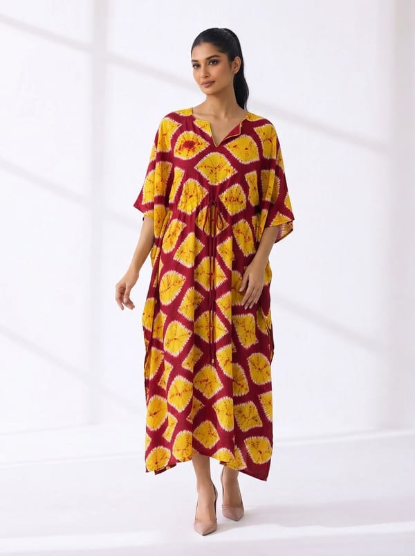 Mustard and Maroon Printed Satin Kaftan — 5 Elements