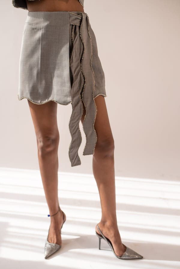 Grey Scalloped Wrap Mini Skirt with Side Tie — MAGIA