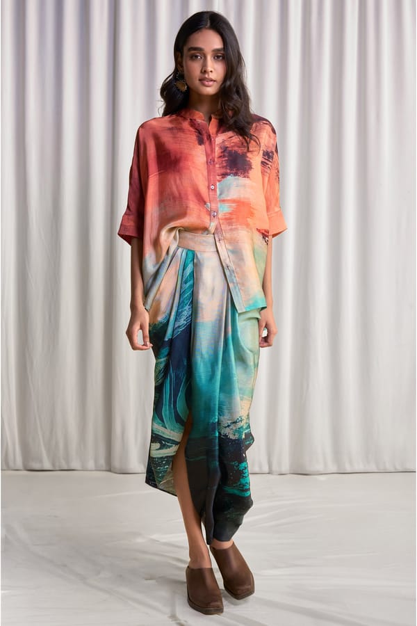 Abstract Brushstroke Print Boxy Shirt & Draped Skirt — Dash and Dot