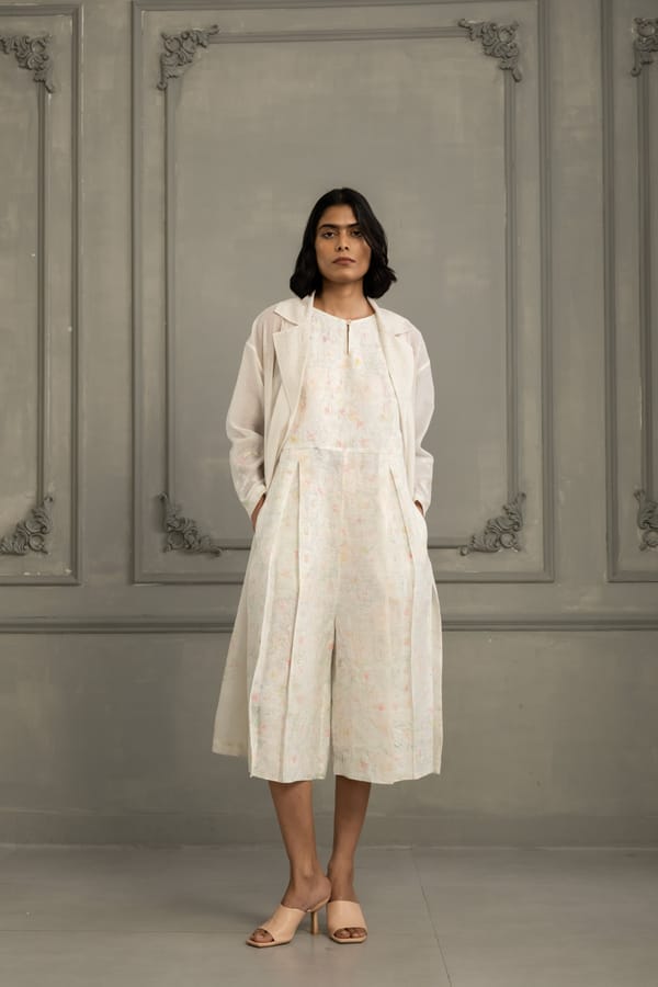 Ivory Quilting Jacket With Multiprint Jumpsuit — Arcvsh Pallavi Singh