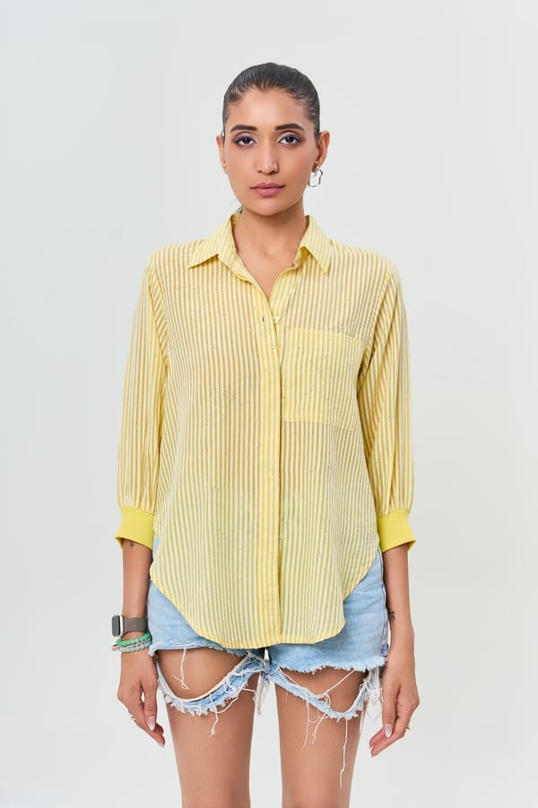 Yellow Striped Cotton Shirt With Subtle Shimmer — KOR
