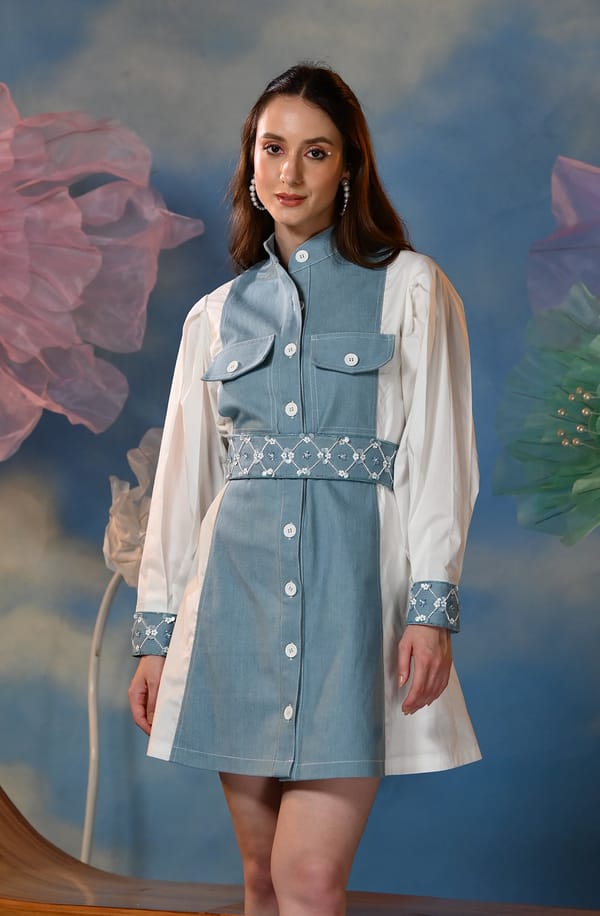Blue & White Embroidered Shirt Dress — OMBRELLO