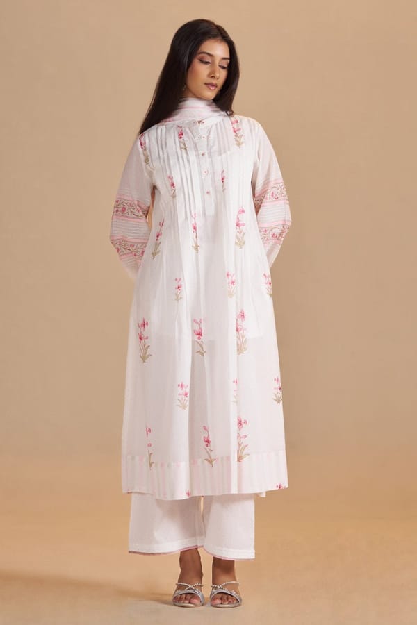 Swan White A-Line Floral Printed Kurta Set with Dupatta — Ganga Fashions Pvt Ltd