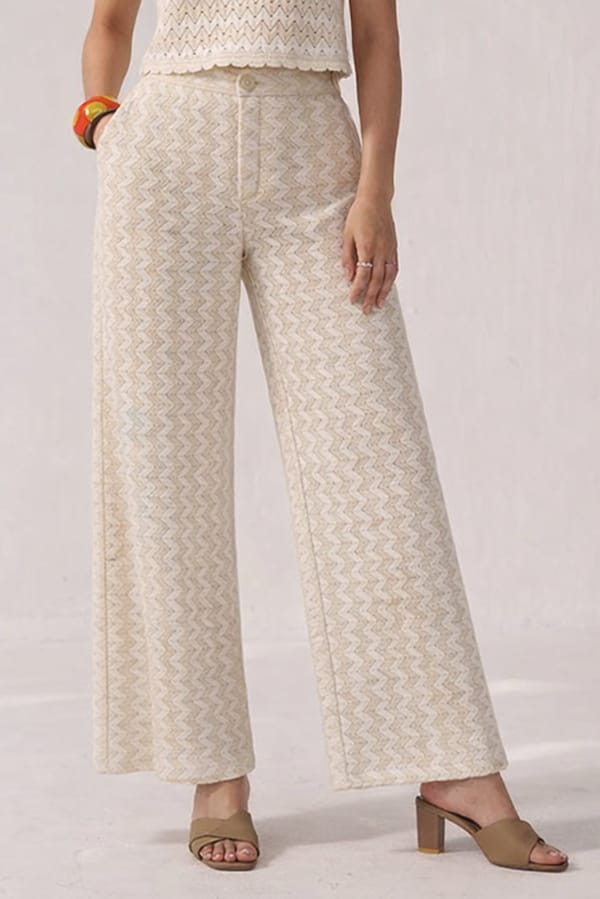 Beige Cotton Mesh Wide-Leg Trousers with Zigzag Texture — Muvazo