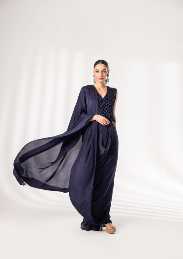 Freya V Neck Full Smock Top With Saree — Isha Sawhney