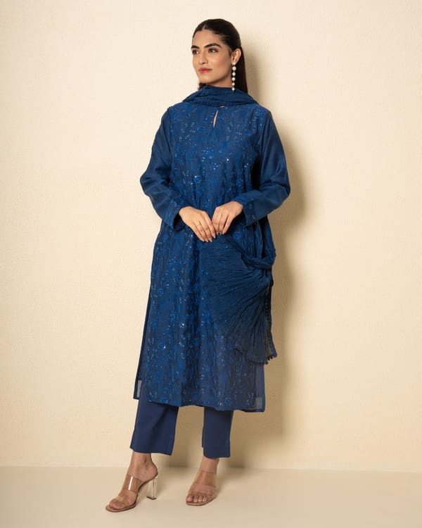 Cobalt Bloom Chanderi Blue Floral Embroidered Suit Set (Set Of 3) — Kameez