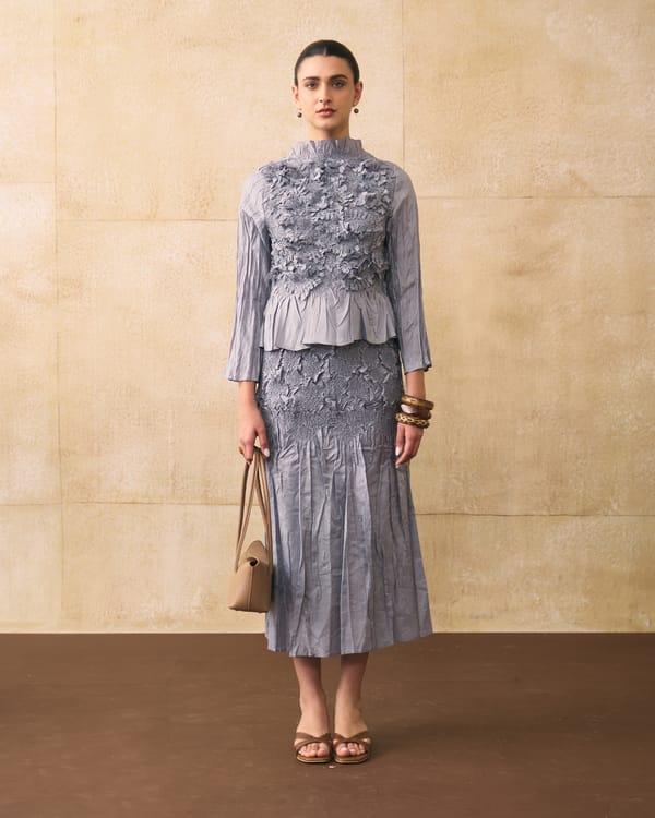 Grey Crinkled Crepe 3D Floral Top and Midi Skirt Co-ord Set — Pleats by Aruni