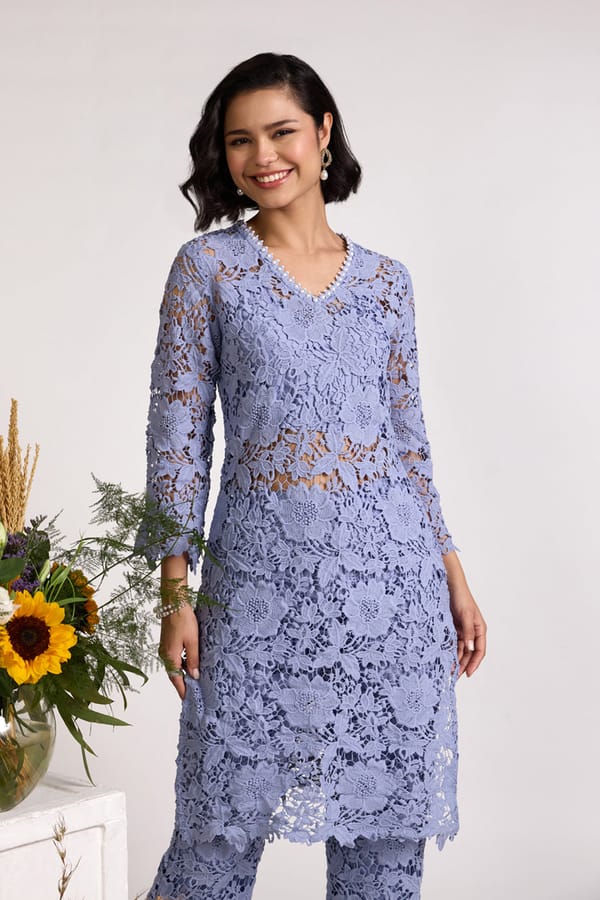 Ice Blue All-Over Lace Straight Long Kurta — AVERIE