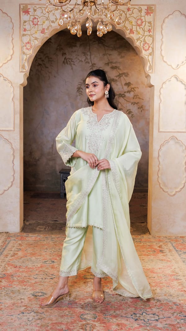 Mint Green Suhana Kurta with Embroidered Pants — Kylee Fashions