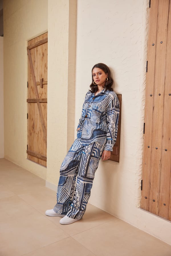 White Blue Abstract Print Shirt and Pants Co-ord Set — HAPPI SPACE