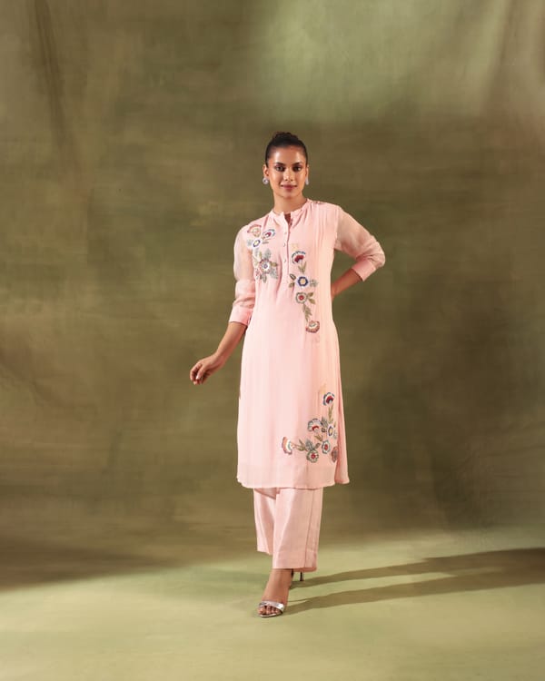 Powder Pink Organza Embroidered Kurta Pant Set — RUCHIKA MALLIKA LABEL