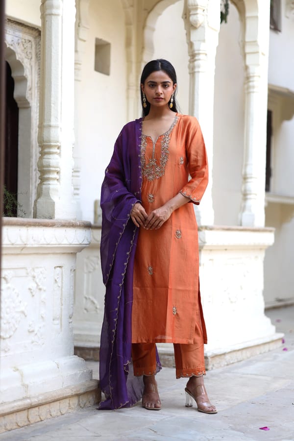 Rust Orange Zardozi Yoke Chanderi Silk Kurta Set — Tatwa Designs