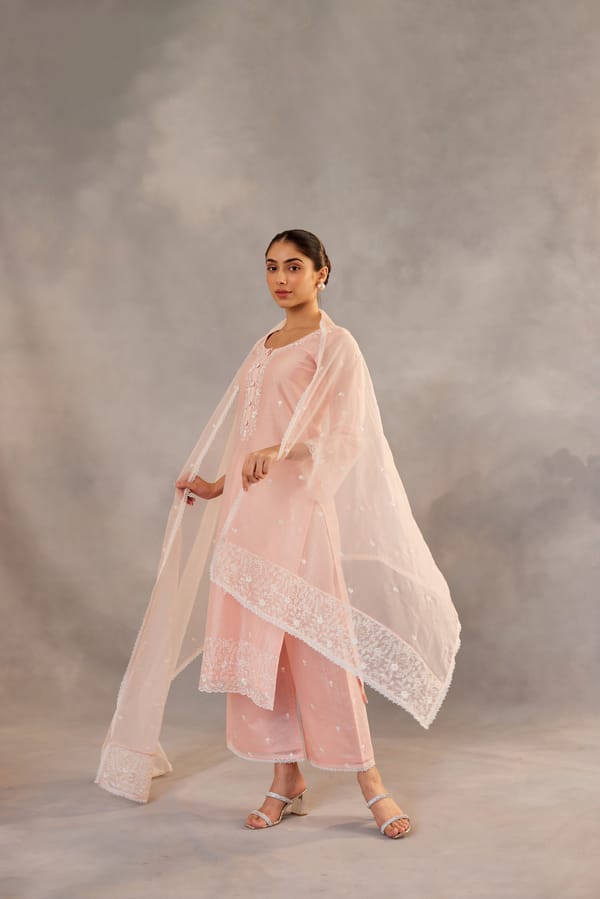 Peach Embroidered Straight Kurta Set with Dupatta — NARAYANI VASTRA