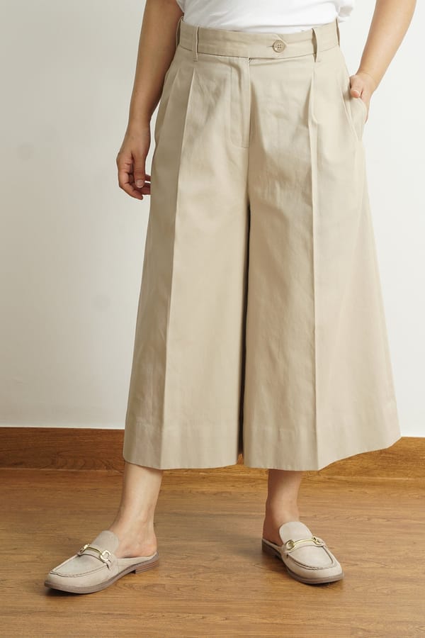 Khaki Cotton Tailored Wide-Leg Cropped Culottes — Loma Naturally
