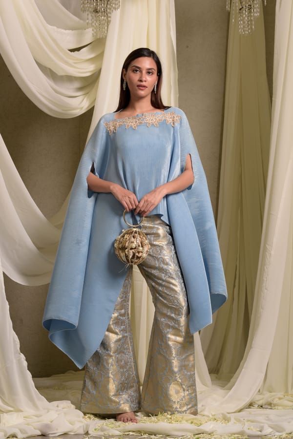 Powder Blue Pleated Cape and Brocade Palazzo Co-ord Set — TASUVURE