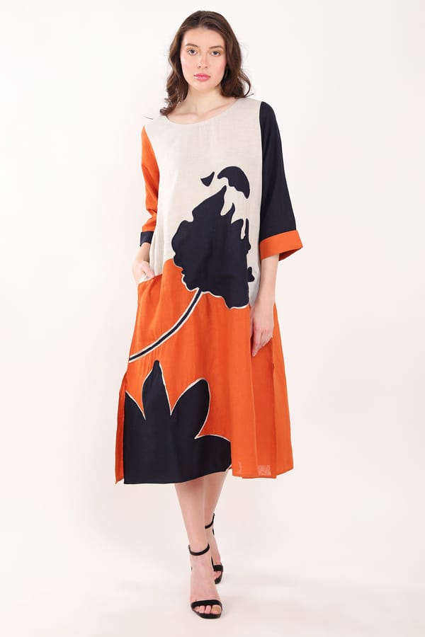 Orange and Navy Colorblocked Linen Midi Dress — Linen Bloom