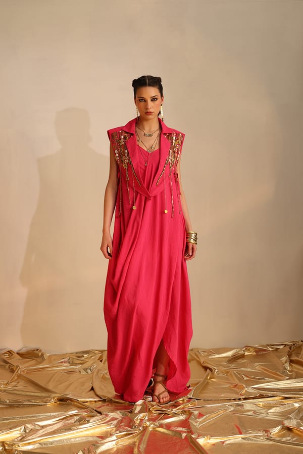 Pink Cowl Neck Maxi Dress with Cape Waistcoat — EnEch