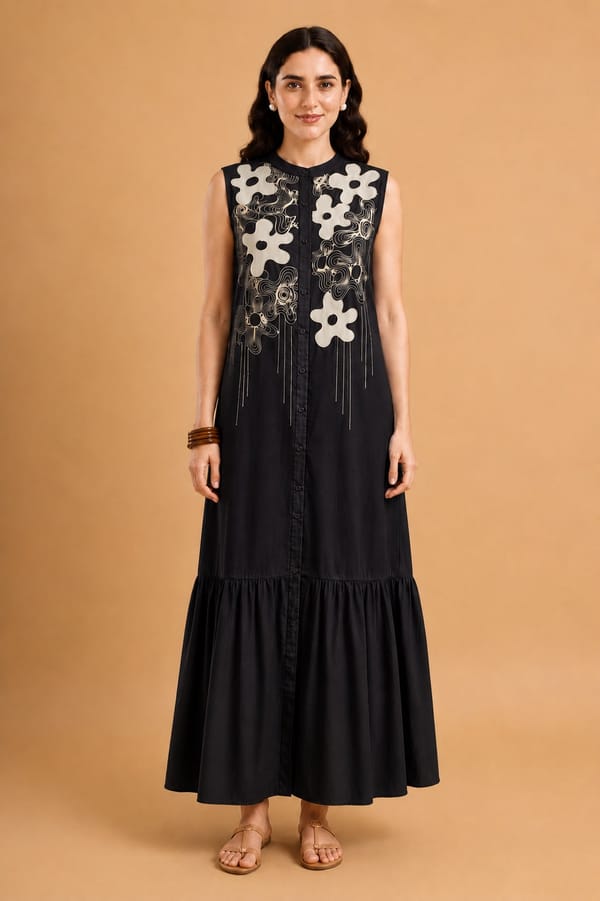 Black Cotton-Linen Tiered Maxi Dress with Embroidered Yoke — ANISETTE