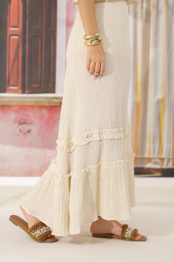 Beige Cotton Tiered Maxi Skirt with Ruffle Hem — The Clothing Factory