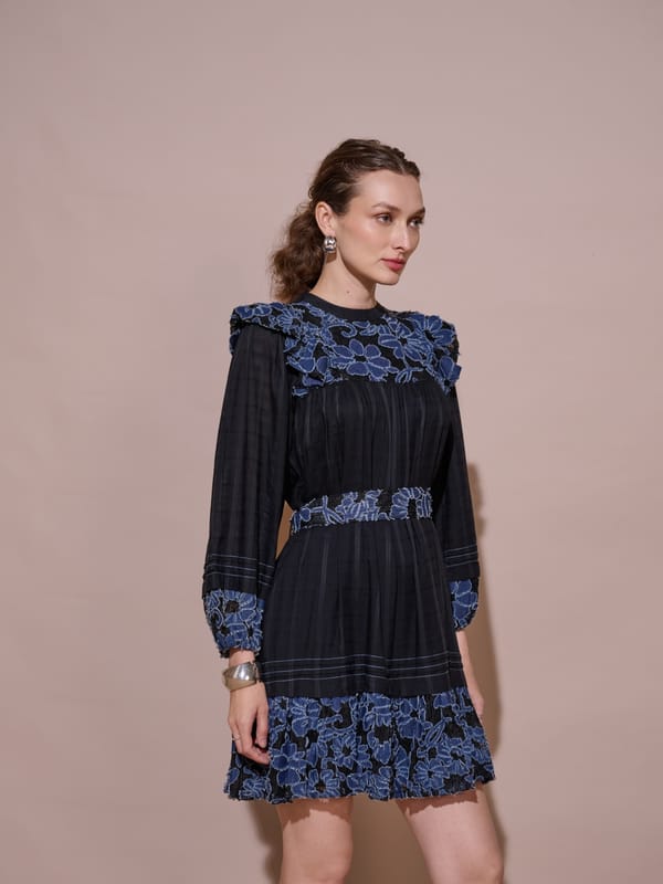 Black Fit and Flare Mini Dress with Blue Floral Embroidery — Style Island