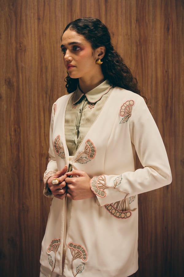 Ivory Crepe Embroidered Tailored Blazer Jacket — Love Kiki