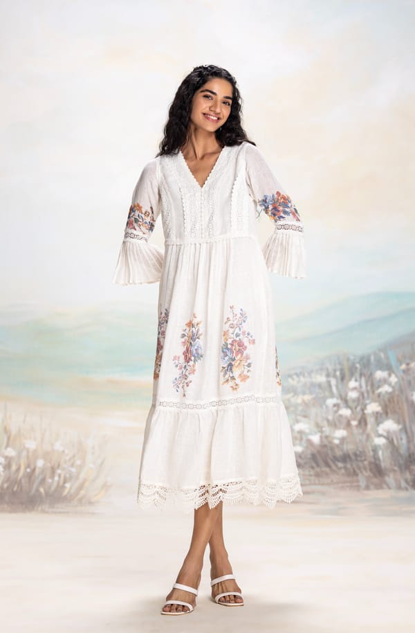 Swan White Linen Tiered Fit and Flare Midi Dress — Kaveri