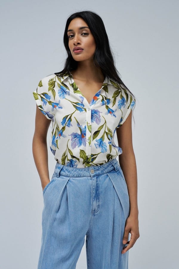 Off-White Blue Floral Printed Collared Shirt — SALSA JEANS