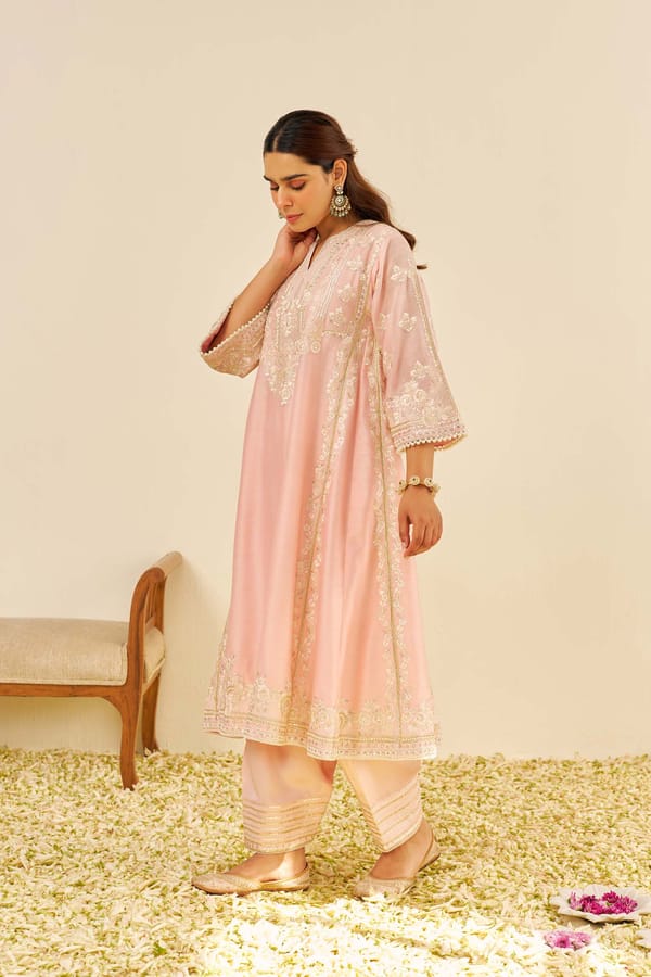 Blush Pink Embroidered Long Chauga Kurta Set with Salwar — Sheetal Batra