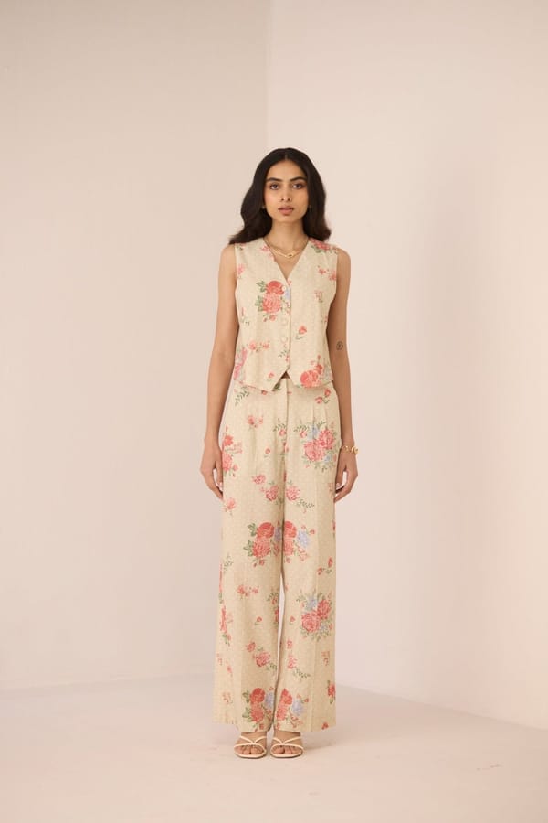 Garden Trellis Cotton-Linen Floral Wide-Leg Trousers — Calling June