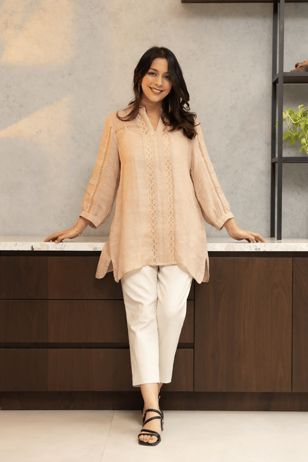 Beige Pure Linen Shirt with Lace Detailing — Omi Clothing
