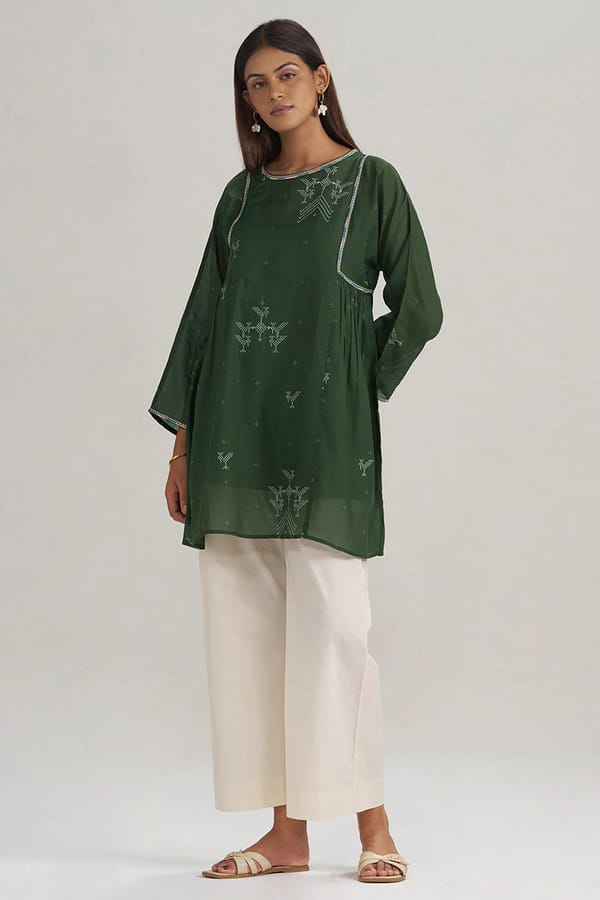 Mehndi Green Hand-Printed Mul-Mul Tunic — Ganga Fashions Pvt Ltd