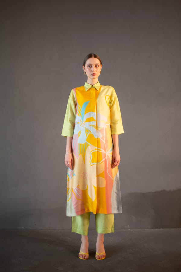 Green & Yellow Long Straight Kurta Set — CLOS