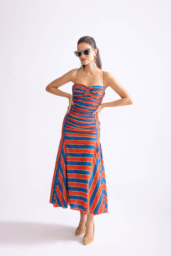 Red/Blue Striped Fit and Flare Midi Dress — Saaksha and Kinni
