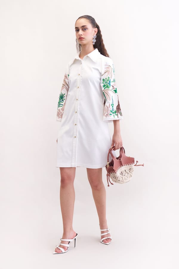 White Denim Shirt Dress with Embroidered Sleeves — Our Love