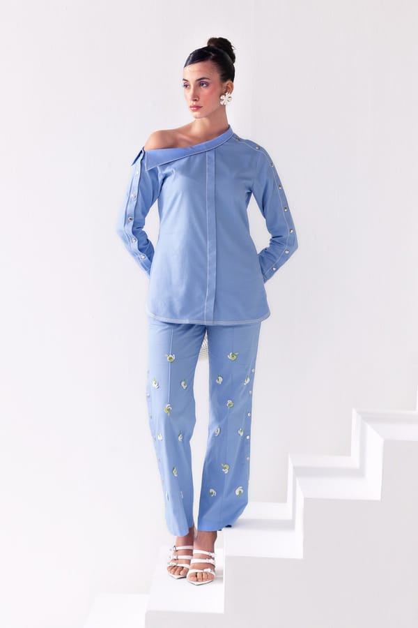 Blueberry One-Shoulder Shirt and Pants Co-ord Set — Our Love