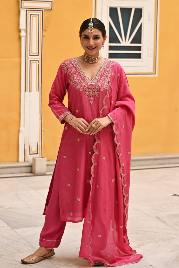 Pink Pure Mul Chanderi Scallop Dupatta Set — MAHEE JAIPUR