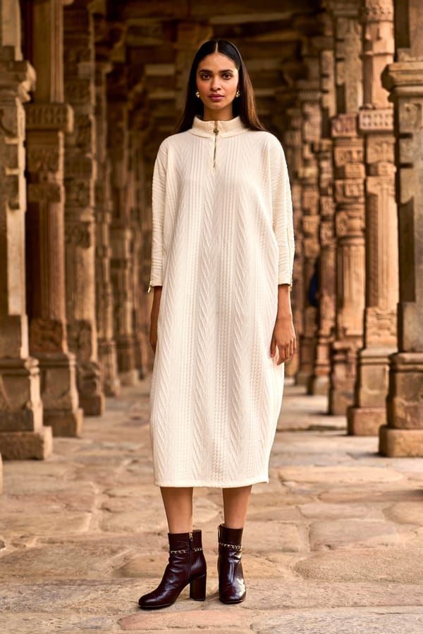 Ivory Cable-Knit Cocoon Midi Dress with Zip Neck — Dash and Dot