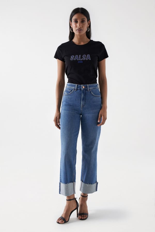 Black Slim Fit Logo T-shirt with Beaded Detail — SALSA JEANS