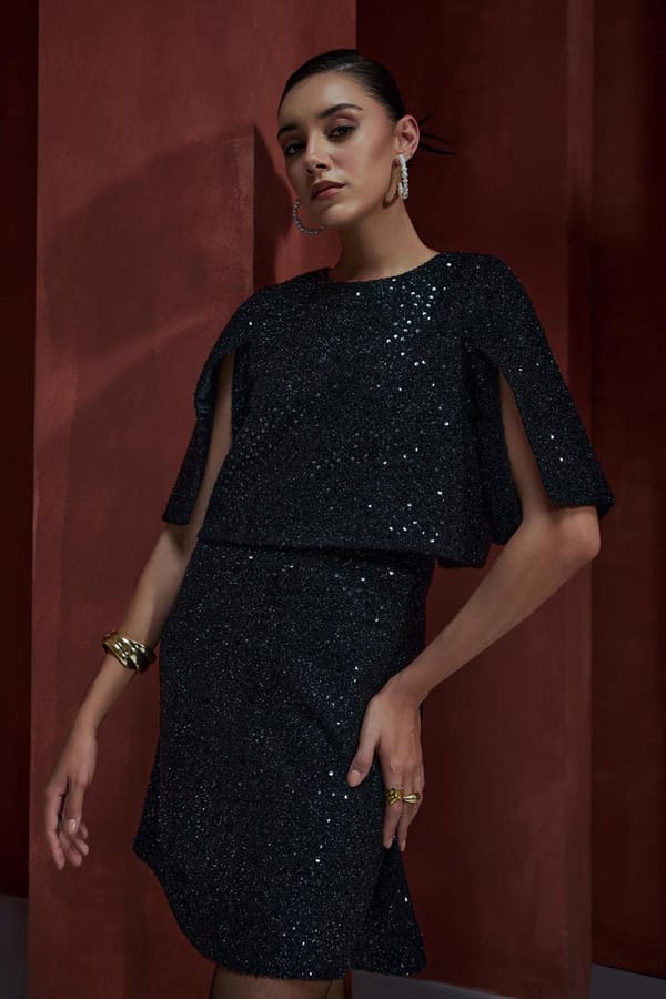 Black Sequinned Tweed Cape Mini Dress — BOHO-CHIC