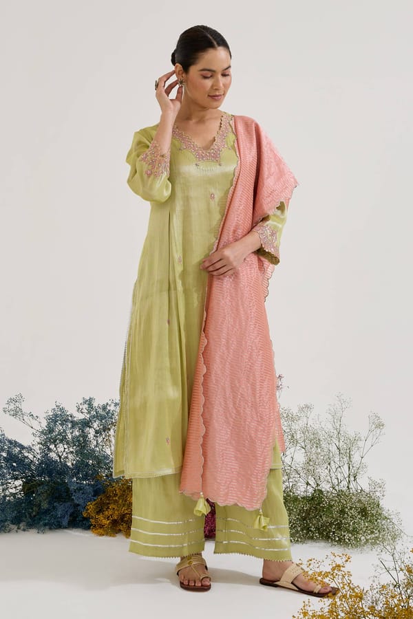 Lime Tissue Embroidered Kurta Set with Wide-Leg Pants — Nero India