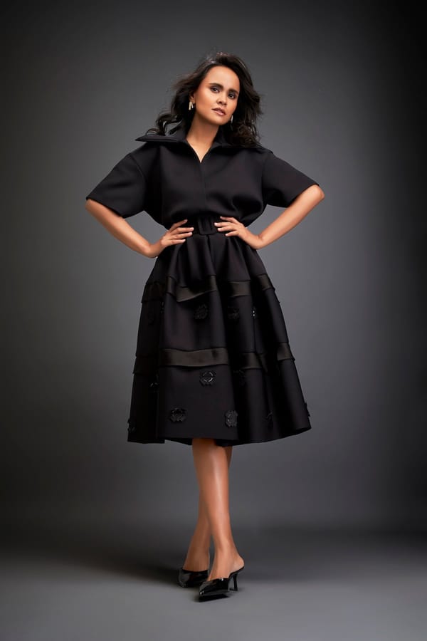 Collared Midi Dress With Belted Waist And Layered Floral Skirt — Deepika Arora