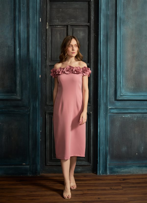 3D Rose Off-Shoulder Midi Dress — Weaving Cult
